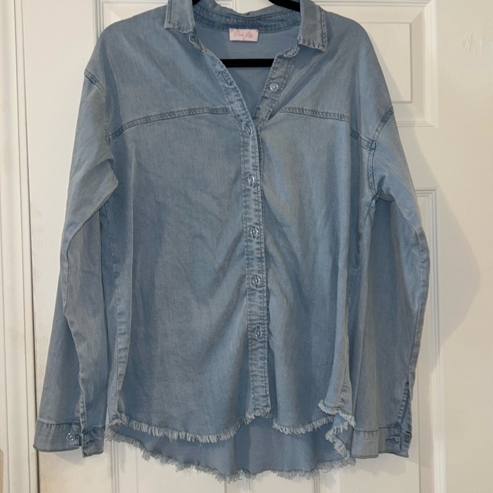 Pink lily button down shirt denim color size small